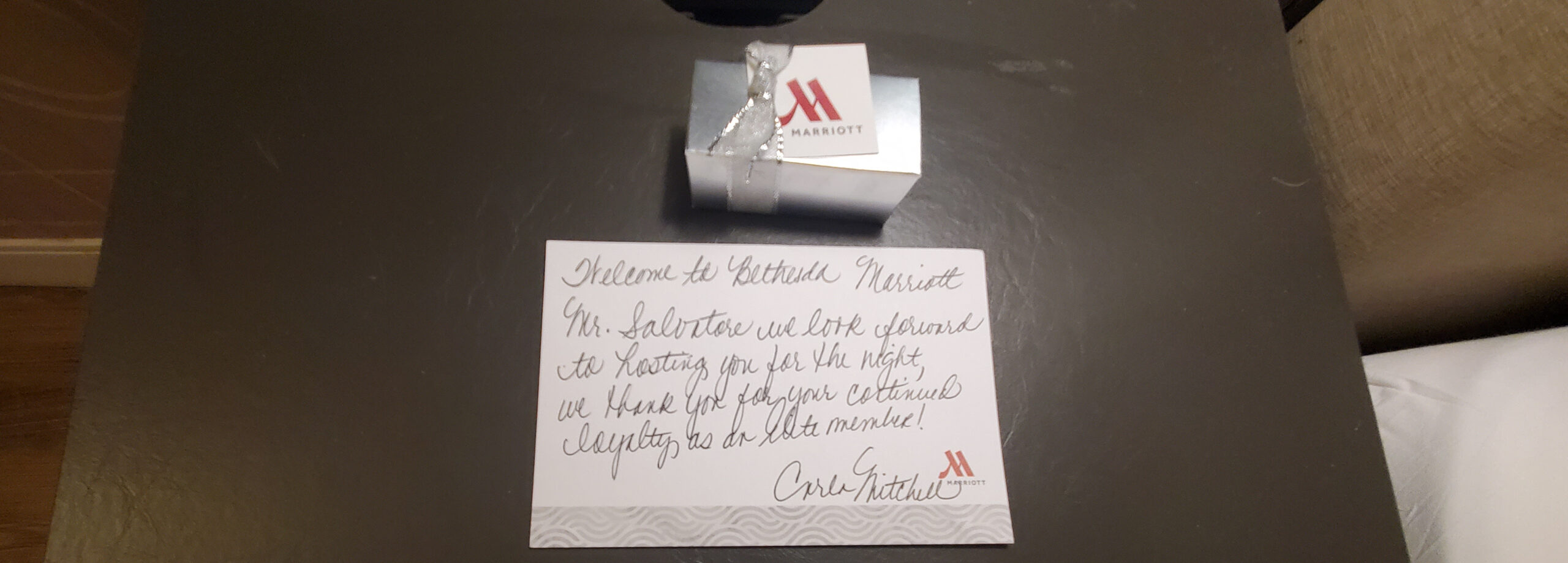 Bethesda Marriott Ambassador Elite handwritten welcome card and gift box