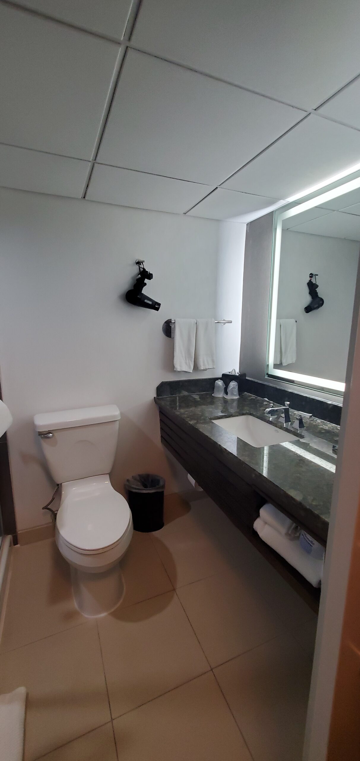 Bethesda Marriott King room bathroom drop ceiling and granite vanity