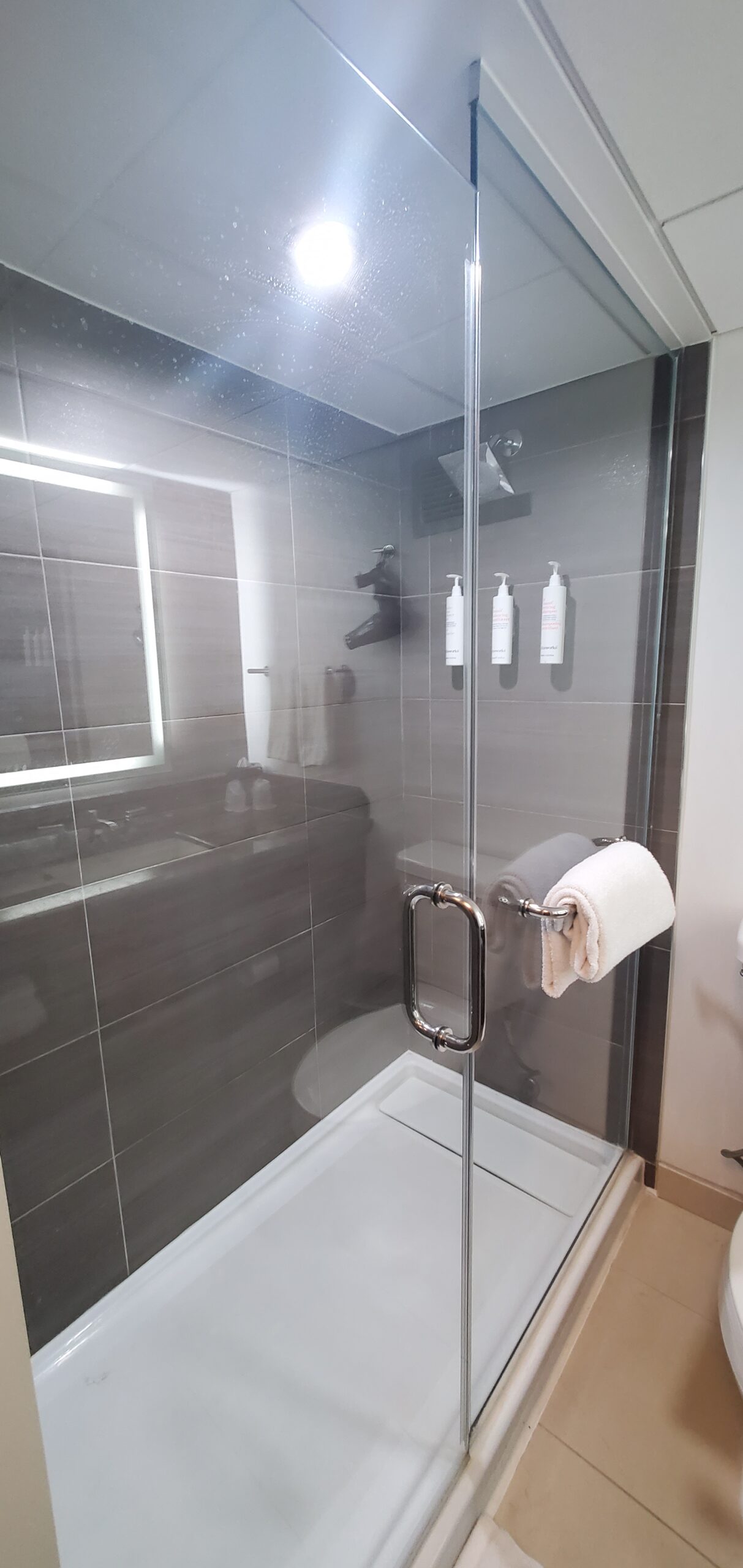 Bethesda Marriott King room walk-in shower with sliding glass door