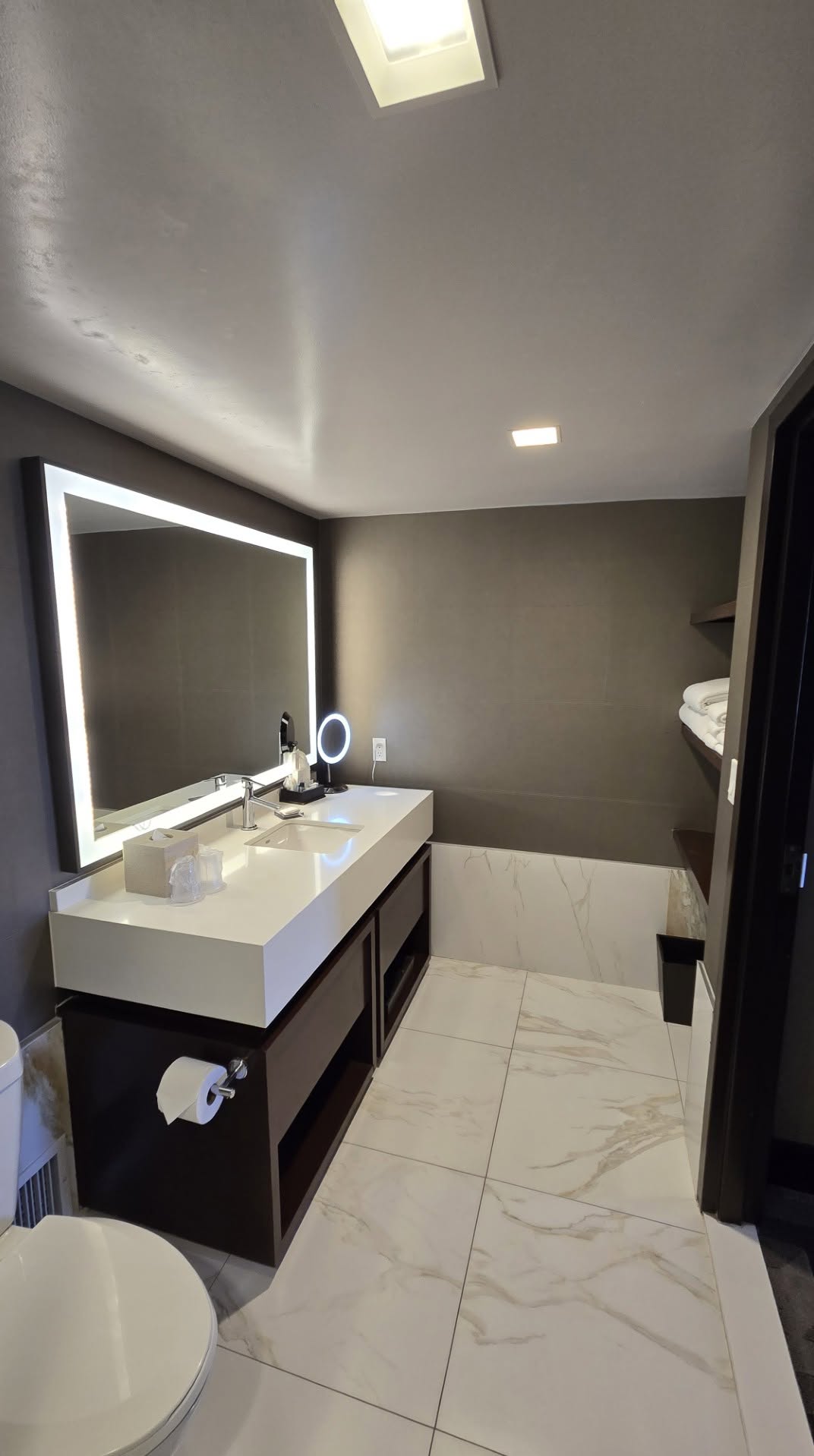 Suite bathroom floating vanity and rectangular backlit LED mirror