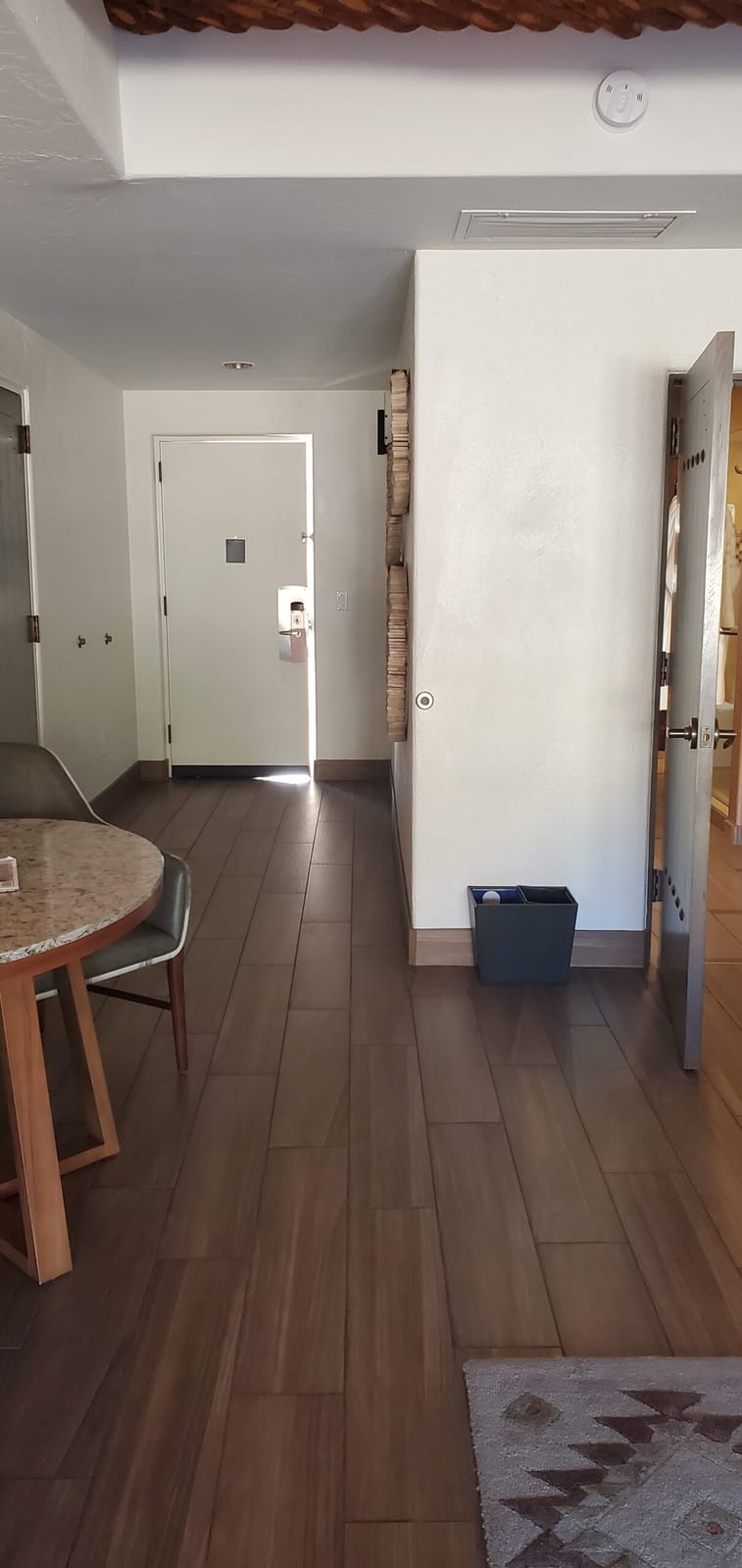 Entryway gallery leading into the main open-concept living and sleeping quarters. Entry foyer of Casita #287 looking into the open floor plan