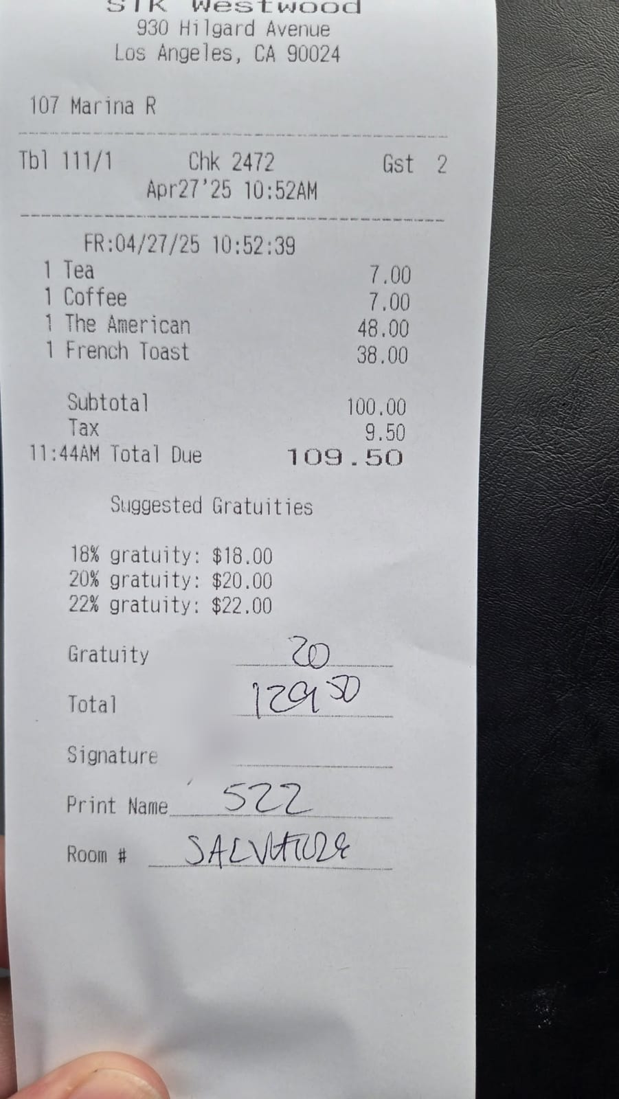 STK Westwood signed breakfast receipt for April 27 2025 totaling $129.50 billed to Room 522