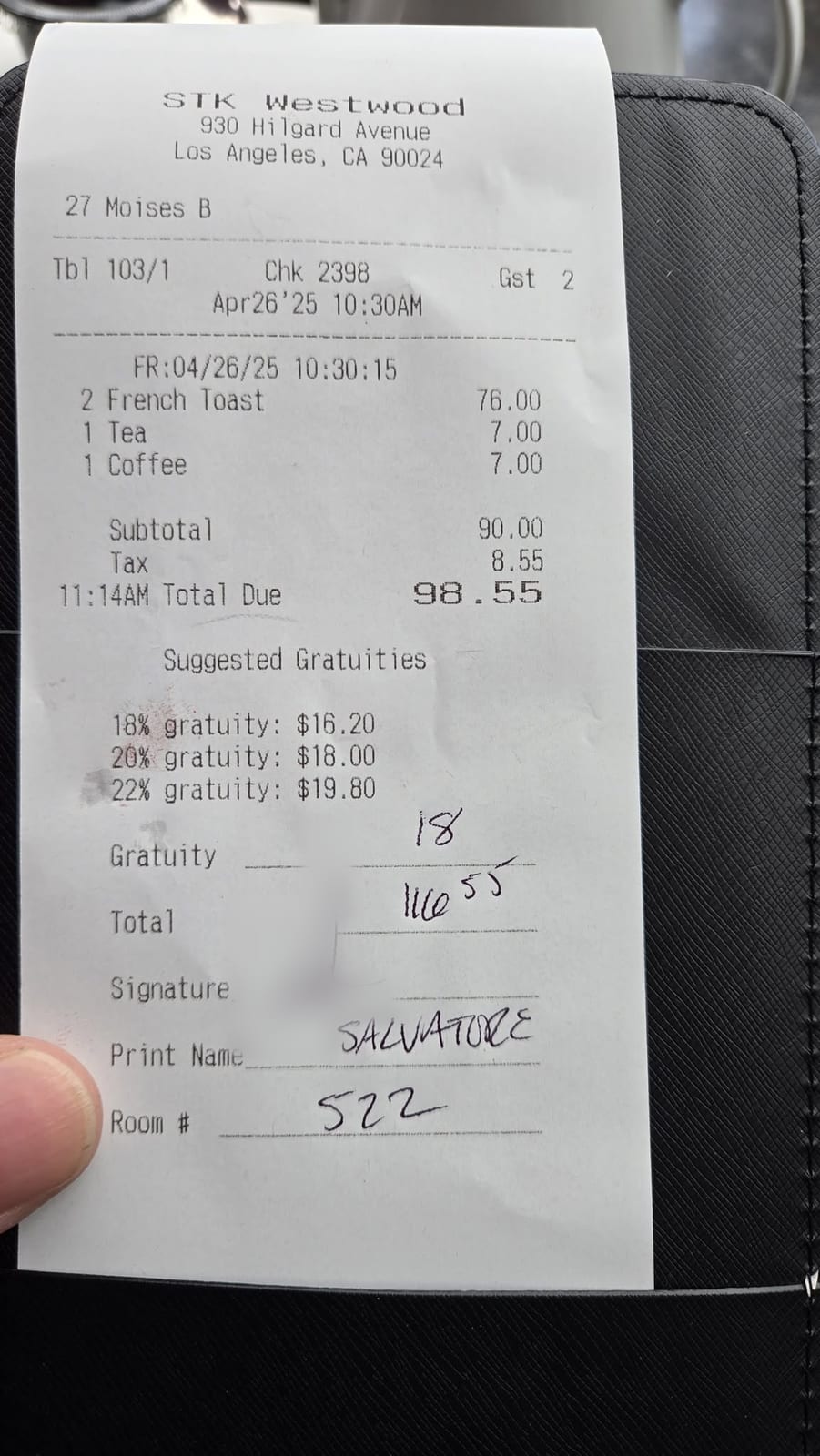 STK Westwood signed breakfast receipt for April 26 2025 totaling $116.55 billed to Room 522